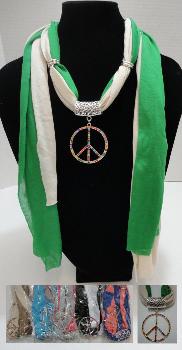 Scarf Necklace-Colored Rhinestone Peace Sign 70"